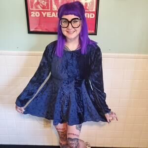 Vintage 90's Grunge Whimsical BLue Velvet Long Sleeve Dress FLowy Tunic Top